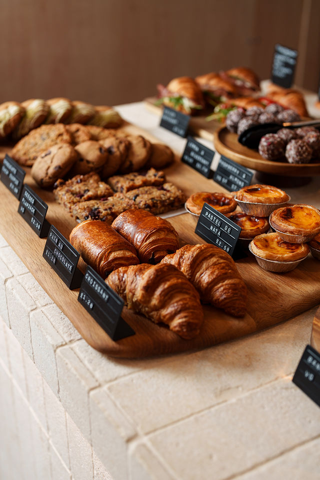 Fresh pastries, croissants and house-made bakes on the ELEMENTS café counter in St Ives, Cornwall